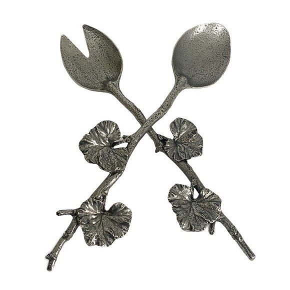 Geranium Leaf Salad Servers Metalware Twig Handles - Picture 8 of 10